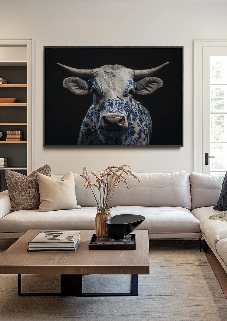 Delfts Blauwe Stier Portret Porseleinen Patroon Zwart Wit Schilderij