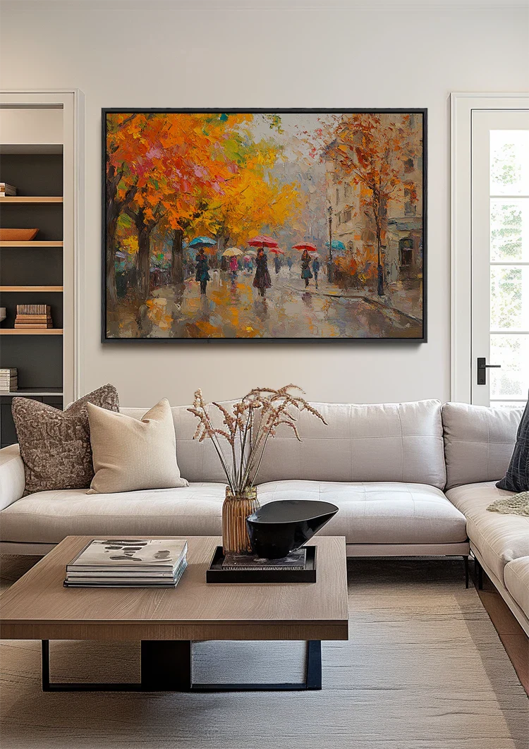 Herbst Stadtstraße Menschen Regenschirm Orange Bäume Impressionistisches Gemälde