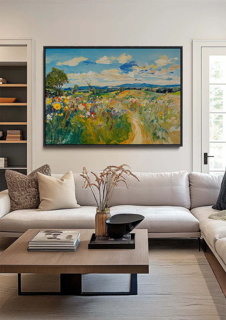 Bloeiend Veld Wildebloemen Impressionistisch Zomers Landschap Schilderij