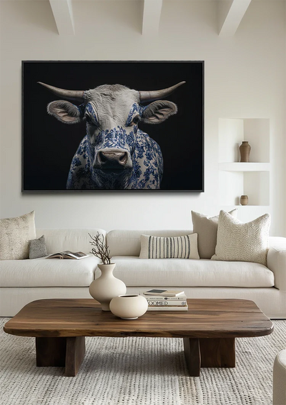 Delfts Blauwe Stier Portret Porseleinen Patroon Zwart Wit Schilderij