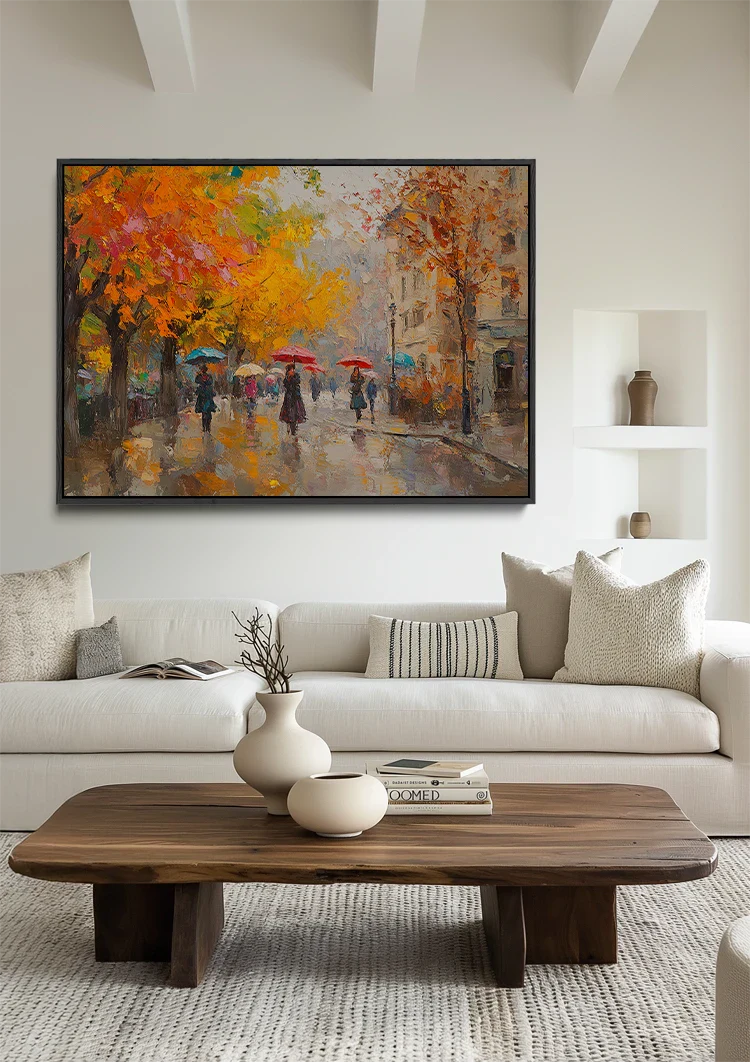 Herbst Stadtstraße Menschen Regenschirm Orange Bäume Impressionistisches Gemälde