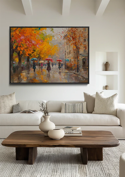 Herbst Stadtstraße Menschen Regenschirm Orange Bäume Impressionistisches Gemälde