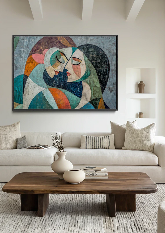 Kubistisch vrouwenportret canvas schilderij aan de muur in de hal