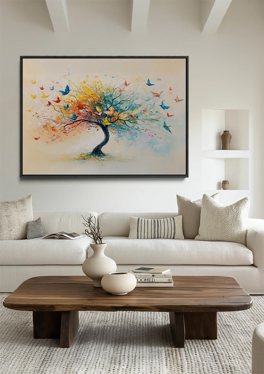 Levensboom canvas schilderij aan de muur boven het bed in de slaapkamer