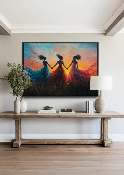 Three Women Colorful Dresses Hand in Hand Sunset Painting