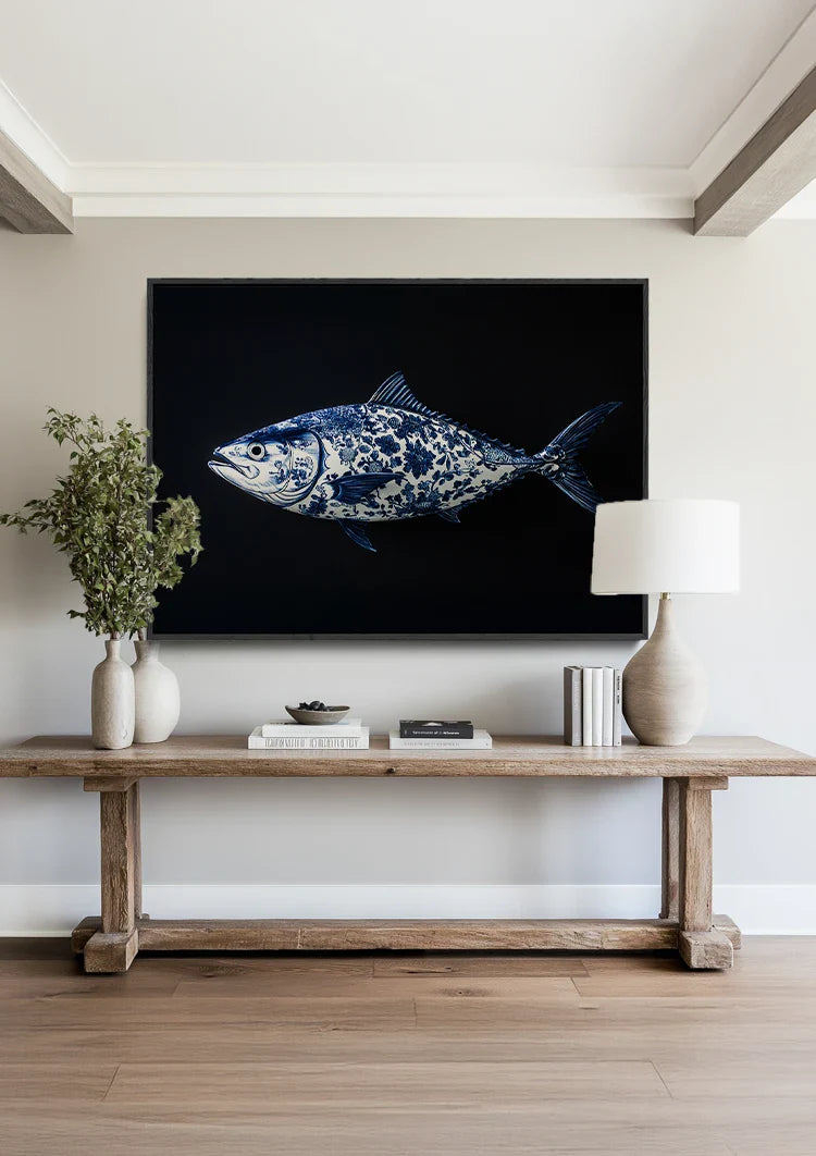 Delftblaues Fischporzellanmuster Schwarzer Hintergrund Gemälde