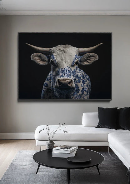 Delfts Blauwe Stier Portret Porseleinen Patroon Zwart Wit Schilderij