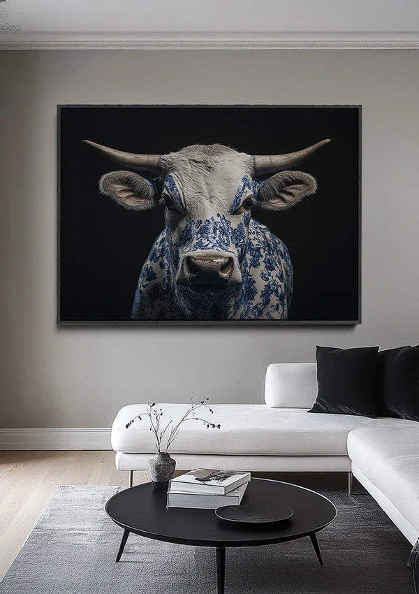 Delfts Blauwe Stier Portret Porseleinen Patroon Zwart Wit Schilderij