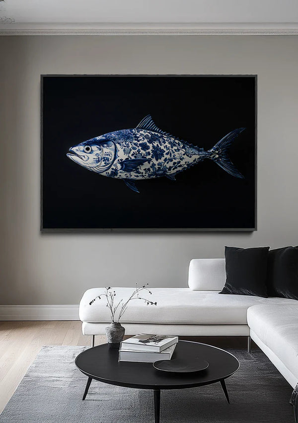 Delftblaues Fischporzellanmuster Schwarzer Hintergrund Gemälde