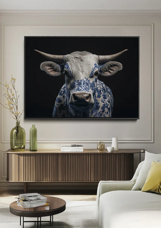 Delfts blauwe stier canvas schilderij aan de muur in de hal