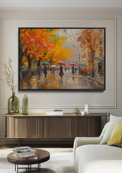Herbst Stadtstraße Menschen Regenschirm Orange Bäume Impressionistisches Gemälde