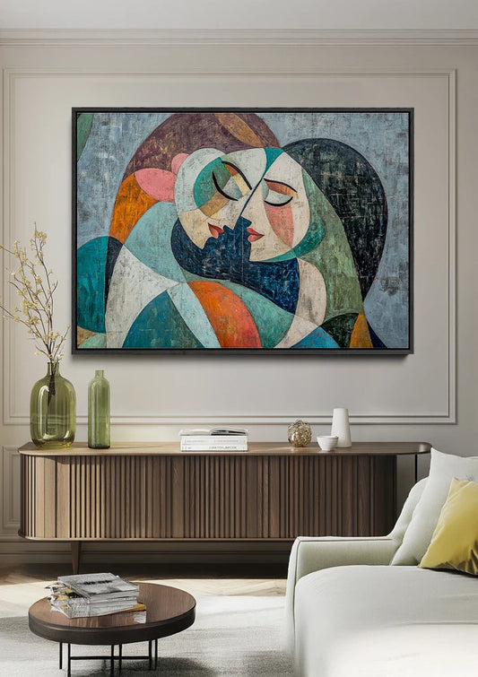 Kubistisch vrouwenportret canvas schilderij aan de muur boven het bed in de slaapkamer