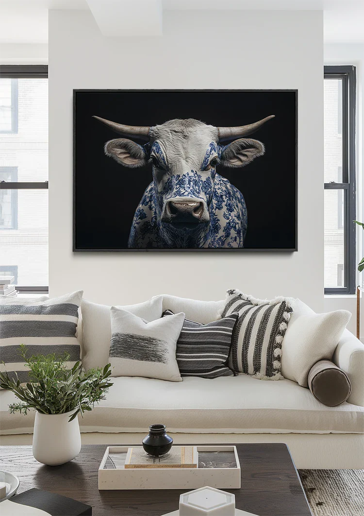 Delfts Blauwe Stier Portret Porseleinen Patroon Zwart Wit Schilderij