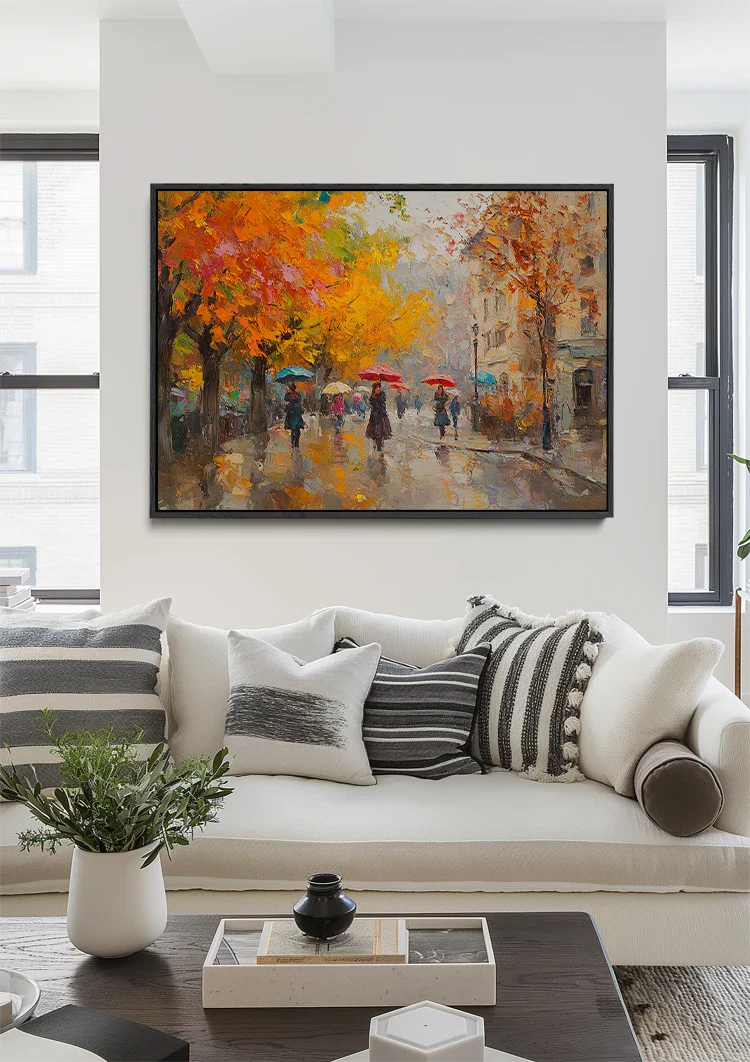Herbst Stadtstraße Menschen Regenschirm Orange Bäume Impressionistisches Gemälde