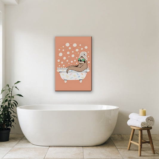 Luiaard in bad canvas schilderij aan de muur in de badkamer boven het bad