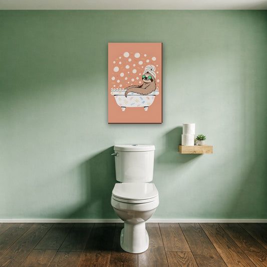 Luiaard in bad canvas schilderij aan de muur boven het toilet