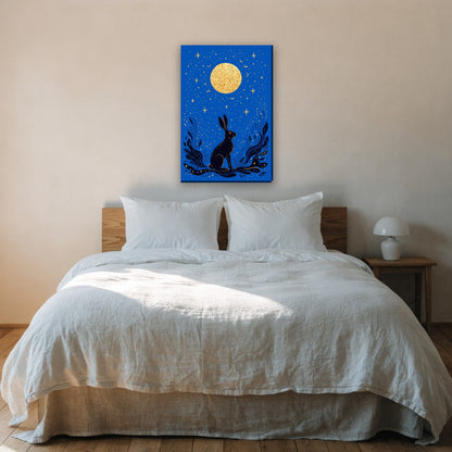 Maankijkende haas canvas schilderij aan de muur boven het bed in de slaapkamer
