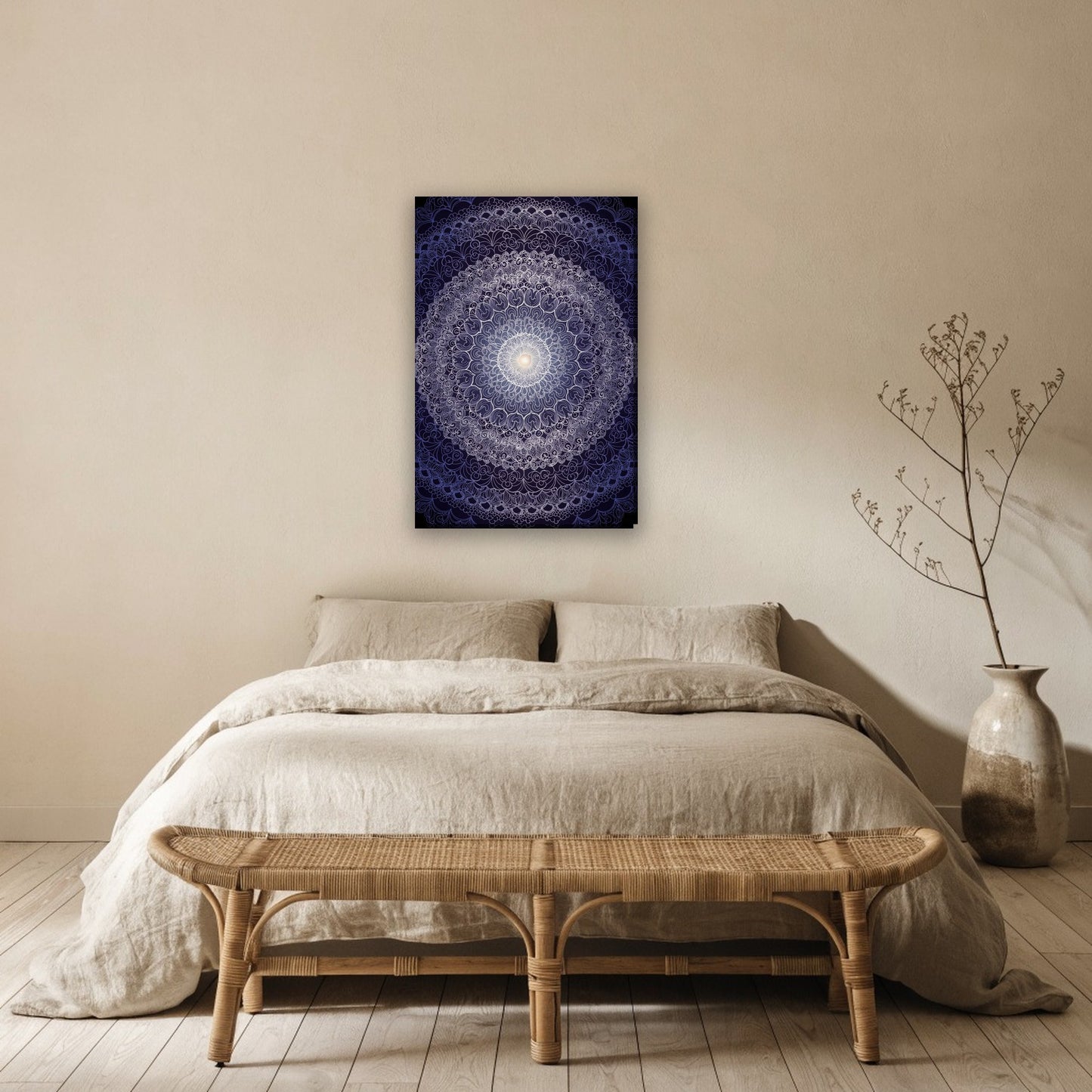 Mandala medaillon canvas schilderij aan de muur boven het bed in de slaapkamer