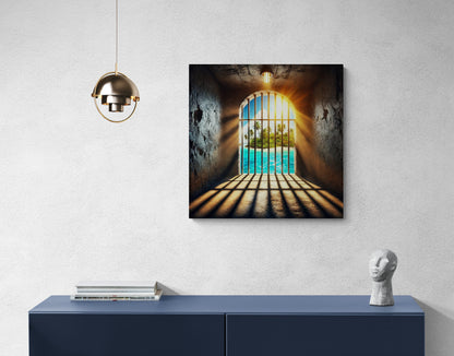 Tropisch eilandzicht door celraam met zonlicht en schaduwen - Canvas wandkunst