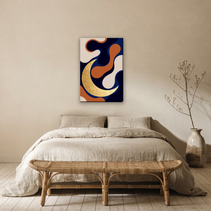 Moderne maansikkel compositie canvas schilderij aan de muur boven het bed in de slaapkamer