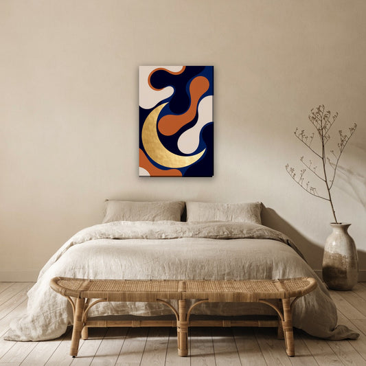 Moderne maansikkel compositie canvas schilderij aan de muur boven het bed in de slaapkamer