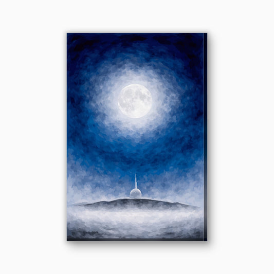 Moskee in maanlicht canvas schilderij in marineblauw en wit