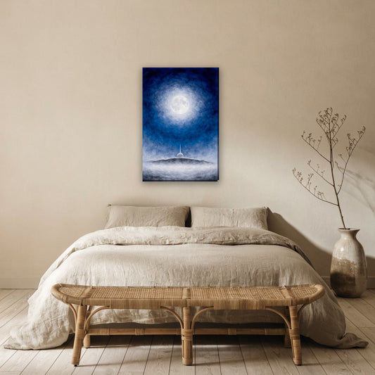 Moskee in maanlicht canvas schilderij aan de muur boven het bed in de slaapkamer