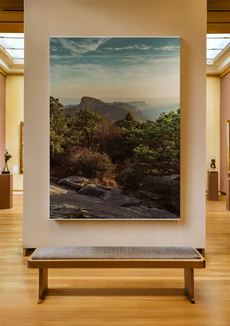 Rocky Mountain Peaks with Green Trees and Sunset Sky Painting