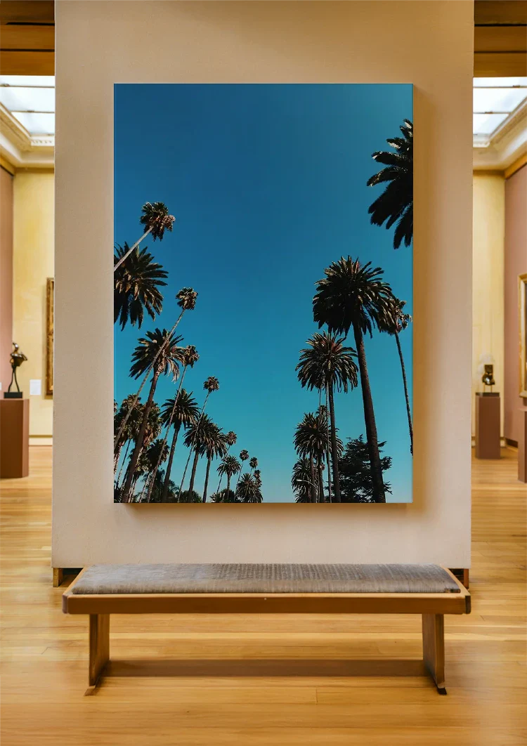 Hohe Palmen reichen in den klaren blauen Himmel, sonniger Tag, Gemälde