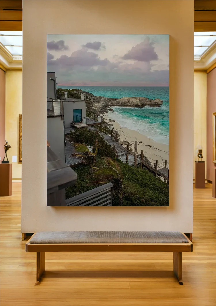 Rocky Coastline with Turquoise Seawater and Sandy Beach Painting