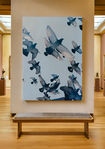 Swarm of Flying Pigeons Against Blue Sky Painting