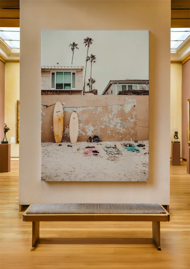 Surfboards Against Wall On Beach With Palm Trees Painting