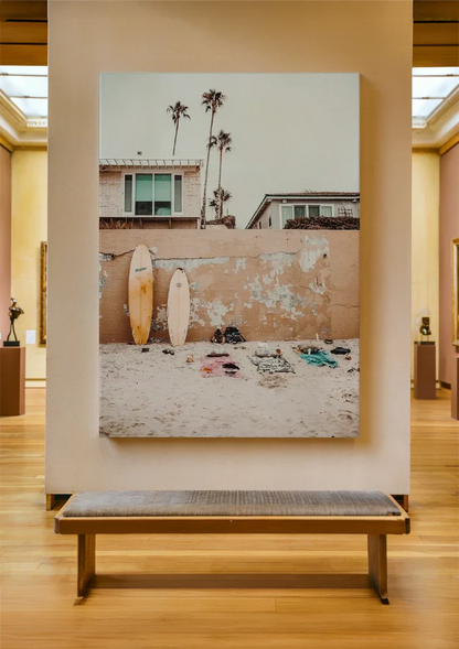 Surfboards Against Wall On Beach With Palm Trees Painting
