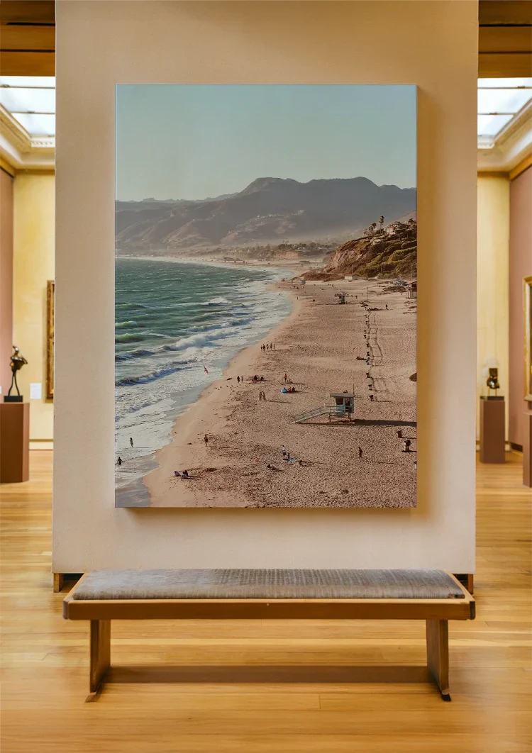 Coastline Sandy beach Mountains Sea Sunny Landscape Painting