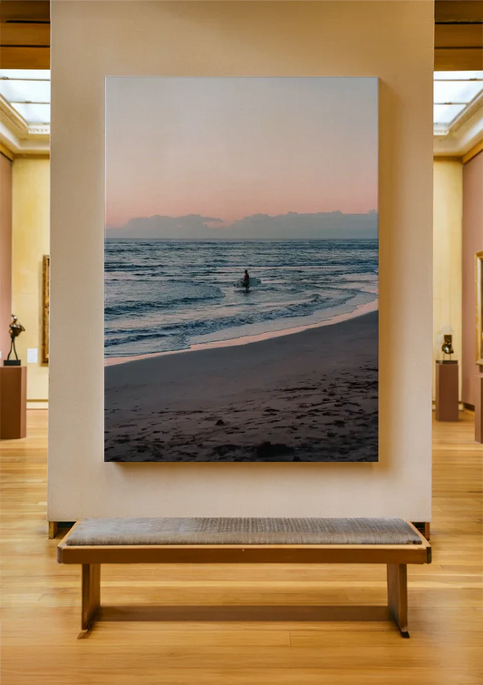 Surfer bij zonsondergang canvas schilderij aan de muur in de hal
