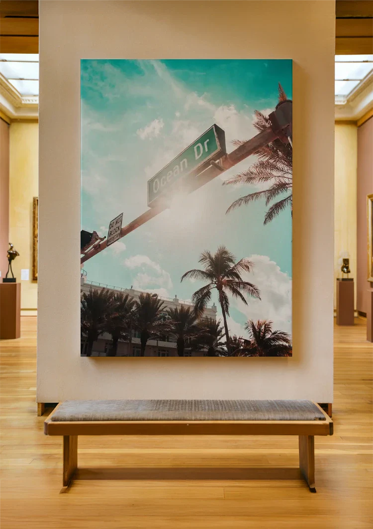 Ocean Drive Straßenschild Palmen Sonnige Himmelsmalerei