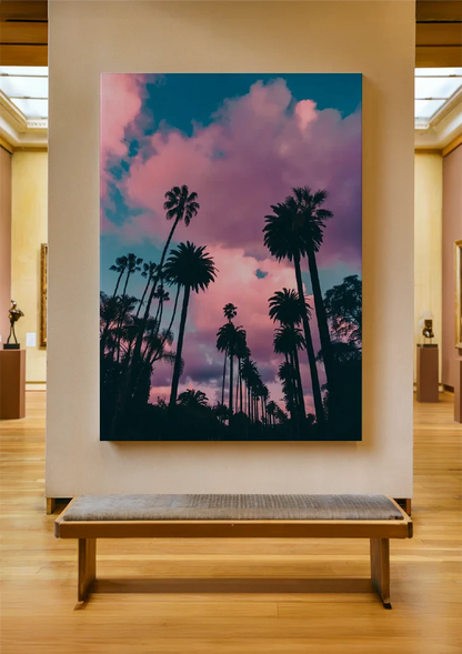 Palm Trees Against Pink Purple Cloud Sky Tropical Sunset Painting