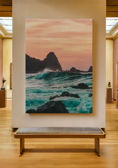 Woeste Zee Turquoise Golven Rotsen Zonsondergang Zeegezicht Schilderij