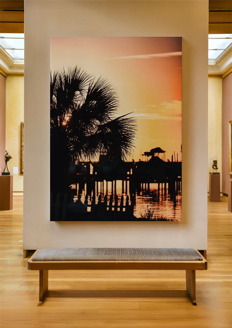 Palmboom Silhouet Gouden Zonsondergang Water Romantisch Schilderij
