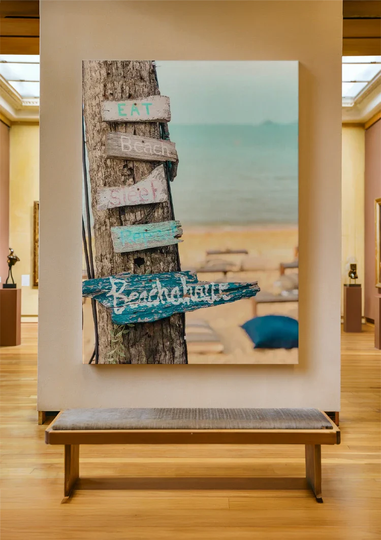 Palm Tree Wooden Signpost Tropical Beach Turquoise Sea Painting