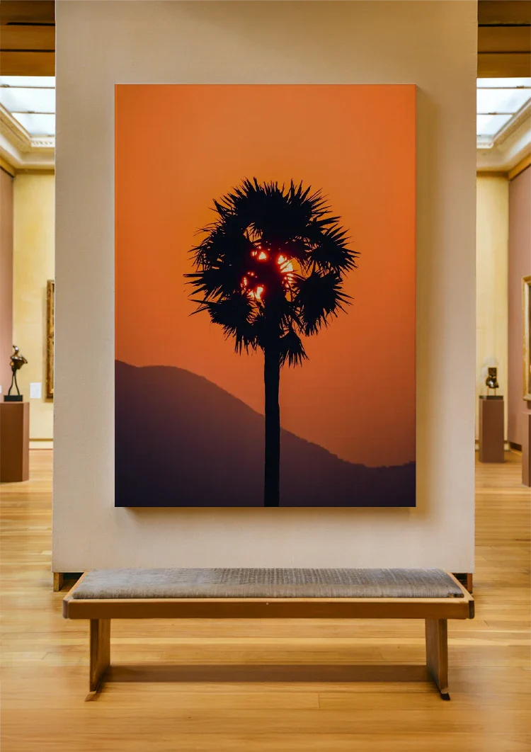Palm Tree Silhouette Orange Sunset Sun Through Leaves Painting