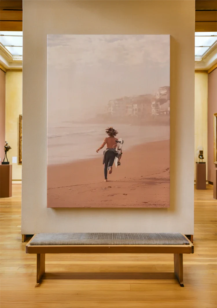 Surfer Boy Running on Beach with Surfboard Warm Tones Painting