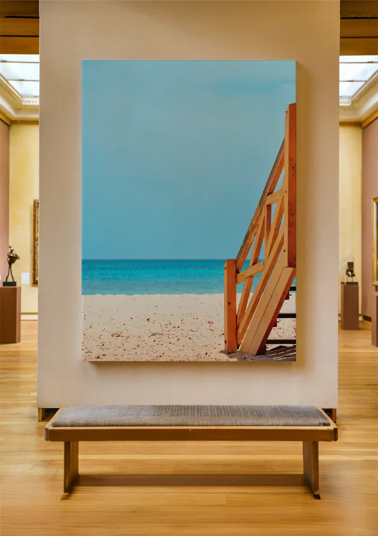 Verlassener Strand Holztreppe Türkises Meer Sommer Gemälde