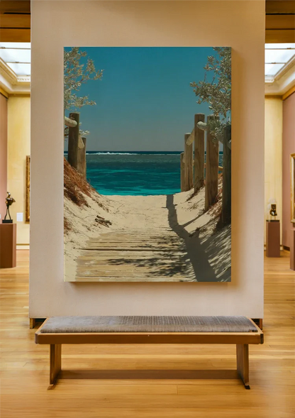 Sandy Path To Turquoise Sea Wooden Posts Coastal Landscape Painting