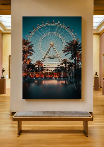 Beleuchtetes Riesenrad Palmen Abenddämmerung Spiegelung Gemälde