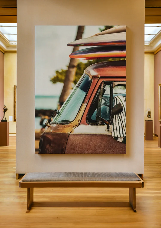 Vintage-Bus mit Surfbrettern Leinwandbild an der Wand im Flur