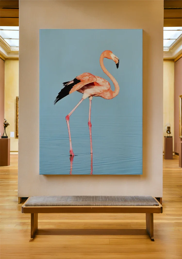 Roze Flamingo Blauw Water Minimalistische Vogel Natuur Schilderij