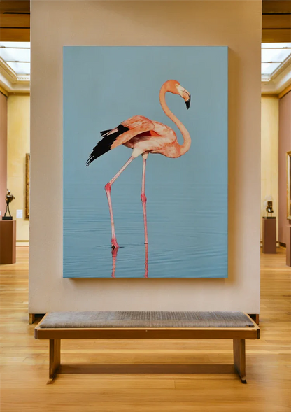 Roze Flamingo Blauw Water Minimalistische Vogel Natuur Schilderij
