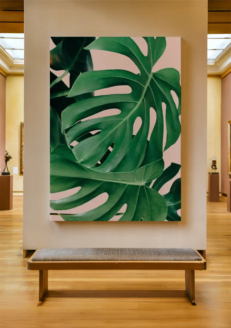 Monstera Bladeren Levendig Groen Roze Achtergrond Botanisch Tropisch Schilderij