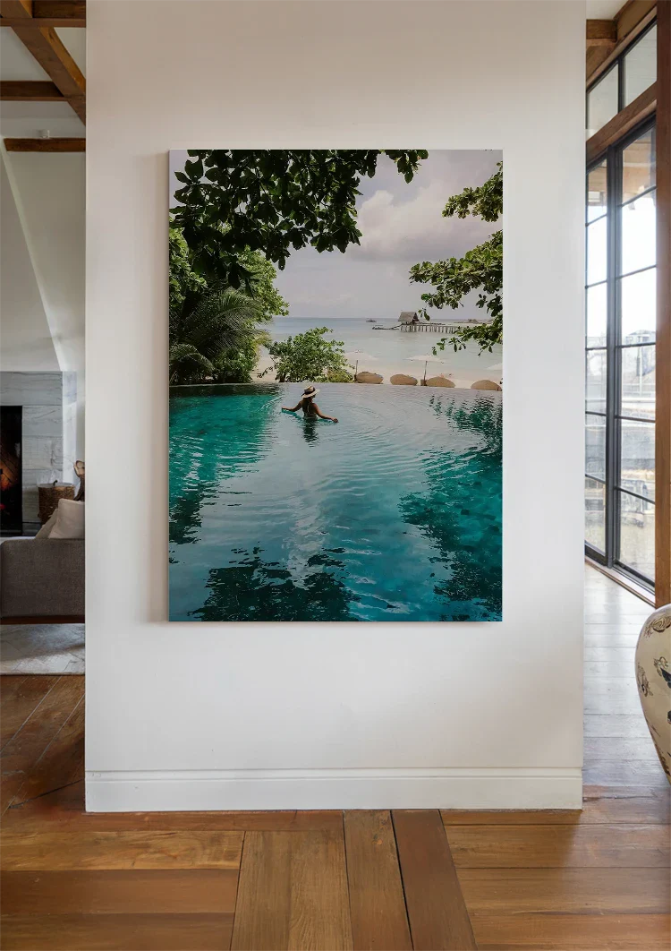 Woman Turquoise Infinity Pool Tropical Palm Trees Sea View Painting